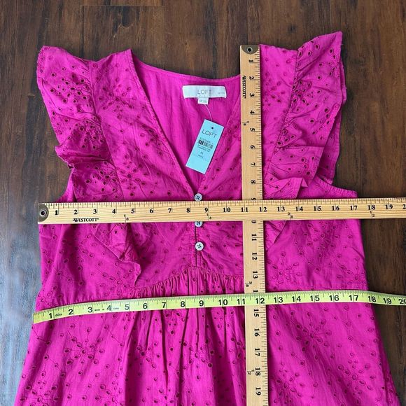 NWT LOFT Lined Petite Eyelet Button Ruffle Swing Dress in Fuchsia - Picture 11 of 12